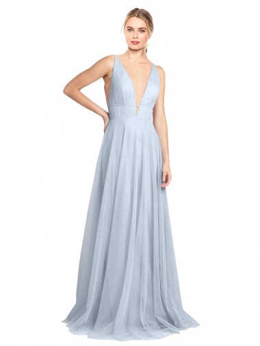 Cheap Plunging Deep V-Neck Long Tulle Bridesmaid Dress with V-Back Canada