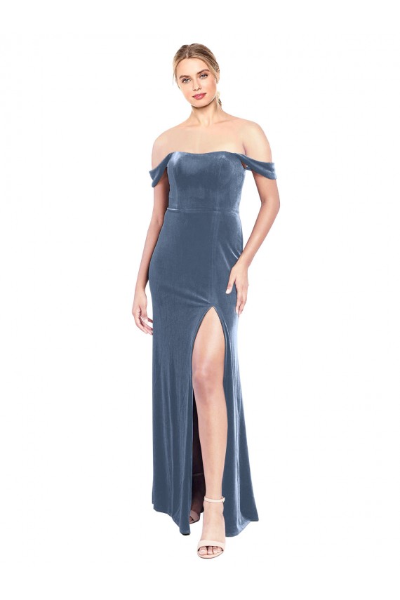 Cheap Draped Sleeves Wide Scoop Neck Off the Shoulder Velvet Bridesmaid Dress Canada