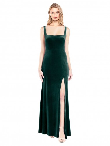 Cheap Square Neck Full Length Velvet Bridesmaid Dress with Side Slit Canada