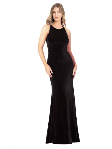 Cheap Vintage Velvet High Neck Bridesmaid Dress with Strappy Back Canada