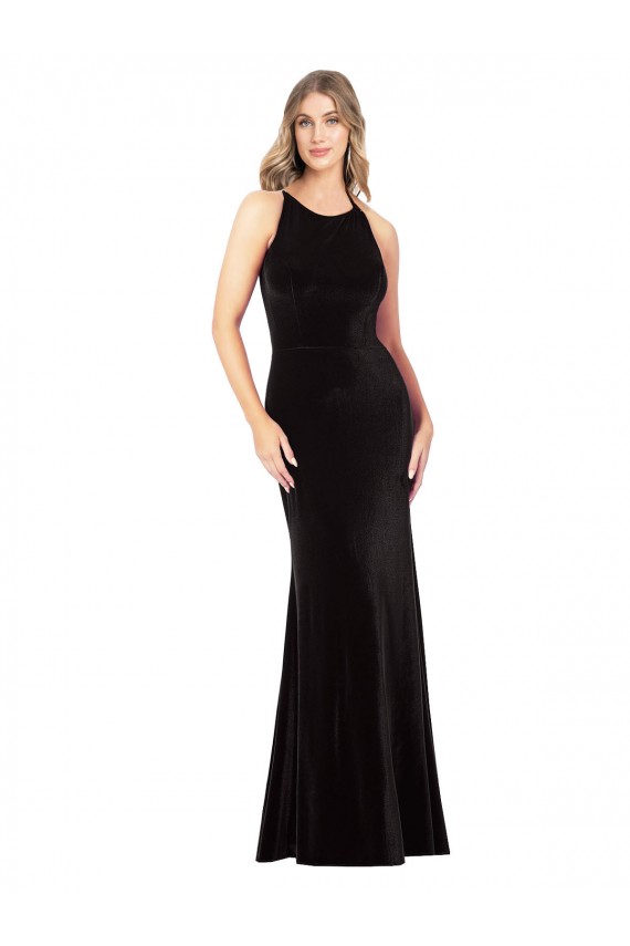 Cheap Vintage Velvet High Neck Bridesmaid Dress with Strappy Back Canada