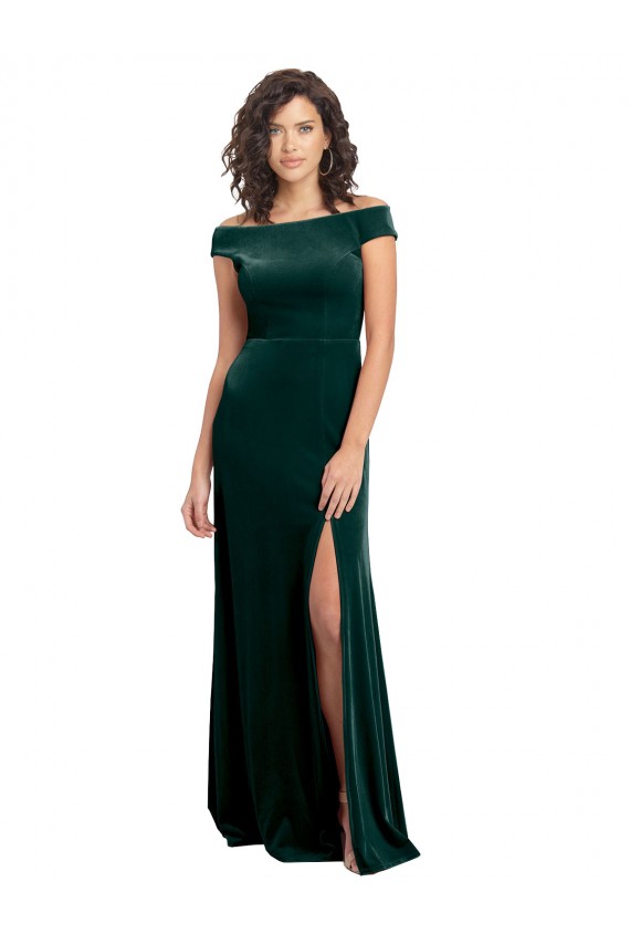 Cheap Floor Length Cap Sleeves Long Velvet Bridesmaid Dress with High Side Slit Canada