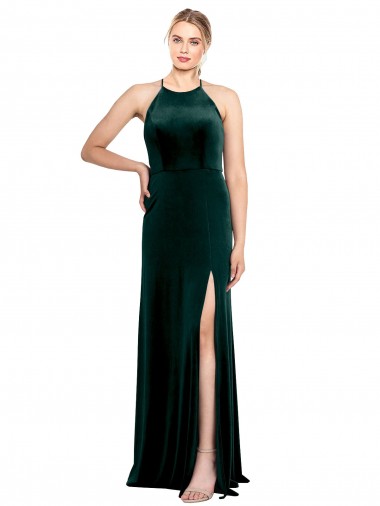 Cheap Long Jewel Neck Full Length Velvet Bridesmaid Dress with Side Slit Canada