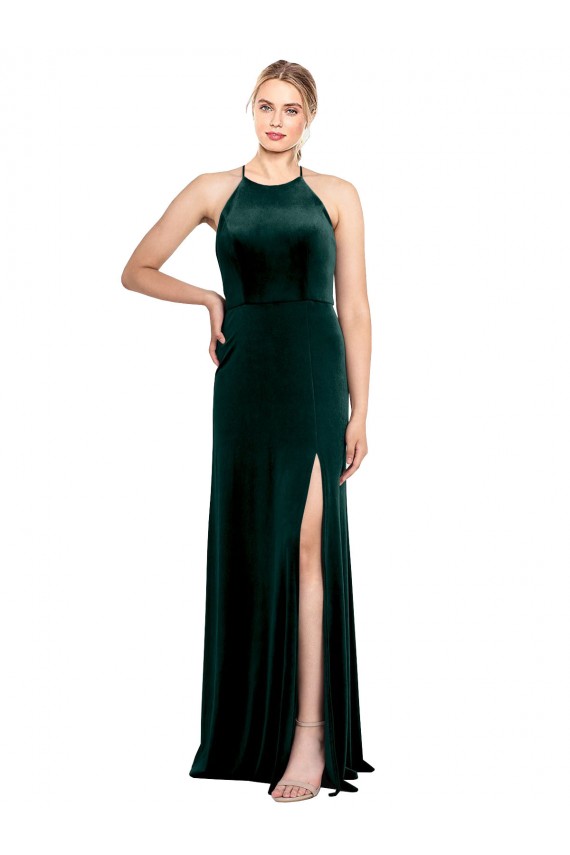 Cheap Long Jewel Neck Full Length Velvet Bridesmaid Dress with Side Slit Canada