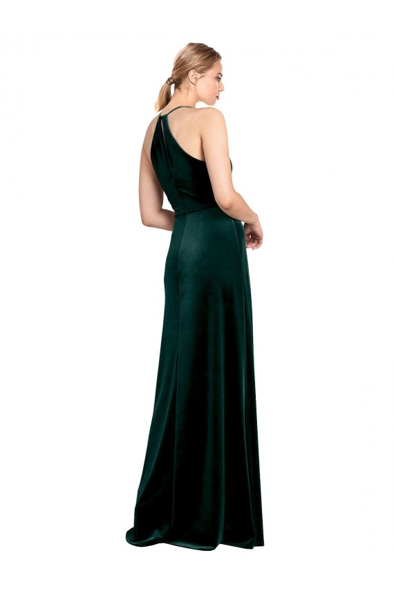 Cheap Long Jewel Neck Full Length Velvet Bridesmaid Dress with Side Slit Canada