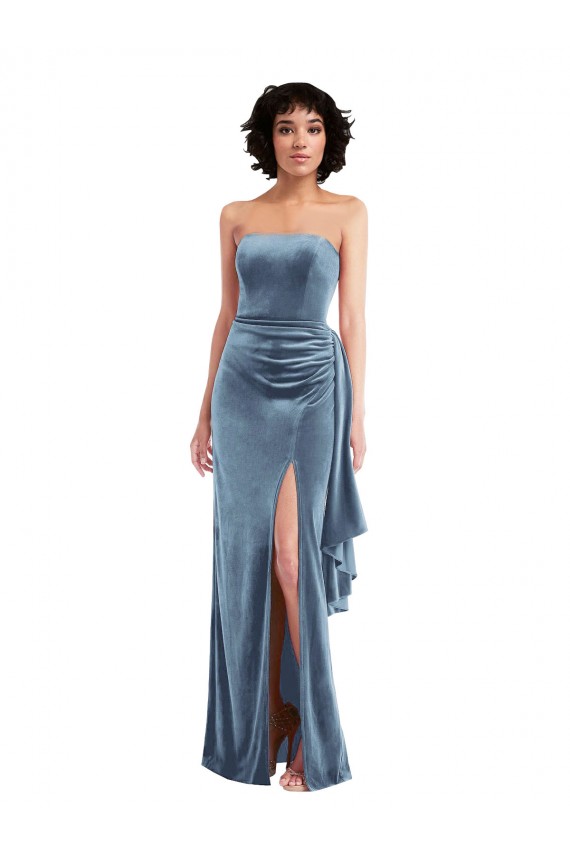 Cheap Strapless Velvet Maxi Bridesmaid Dress with Draped Skirt Canada