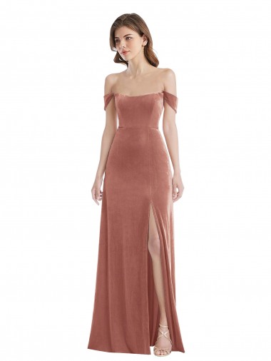 Cheap Off the Shoulder Flounce Sleeve Velvet Maxi Bridesmaid Dress Canada
