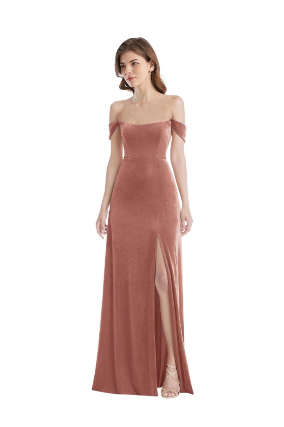 Cheap Off the Shoulder Flounce Sleeve Velvet Maxi Bridesmaid Dress Canada