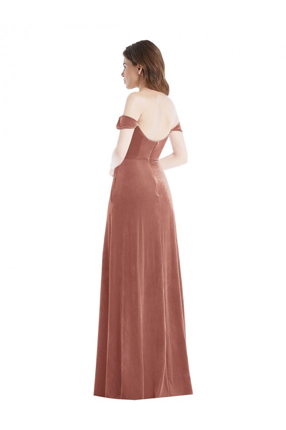 Cheap Off the Shoulder Flounce Sleeve Velvet Maxi Bridesmaid Dress Canada