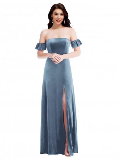 Cheap Ruffle Sleeve Off the Shoulder Velvet Maxi Bridesmaid Dress Canada