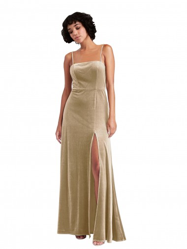 Cheap Square Neck Velvet Maxi Bridesmaid Dress with Front Slit Canada