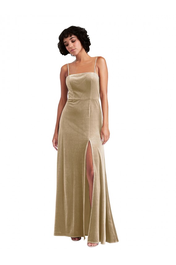 Cheap Square Neck Velvet Maxi Bridesmaid Dress with Front Slit Canada