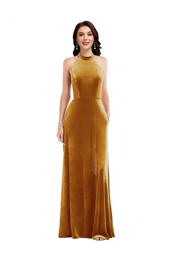Cheap High-Neck Halter Velvet Maxi Bridesmaid Dress with Front Slit Canada