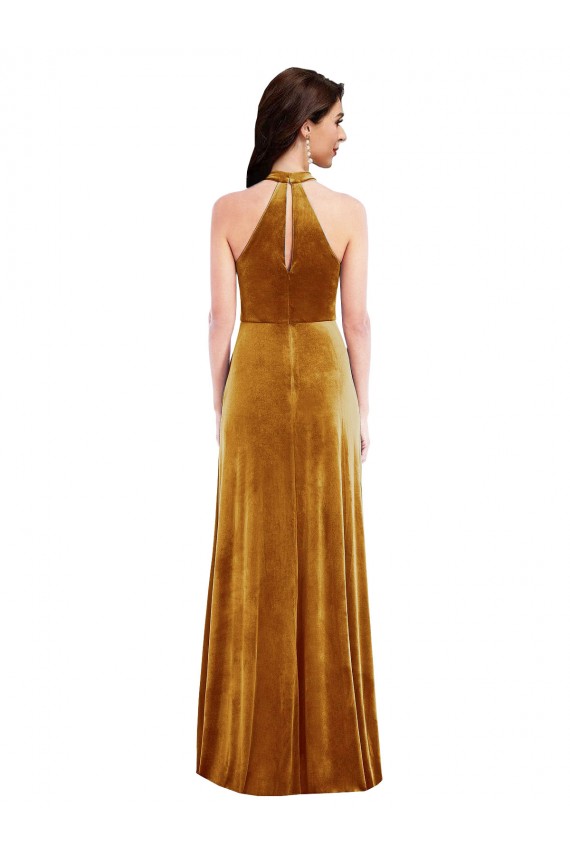 Cheap High-Neck Halter Velvet Maxi Bridesmaid Dress with Front Slit Canada