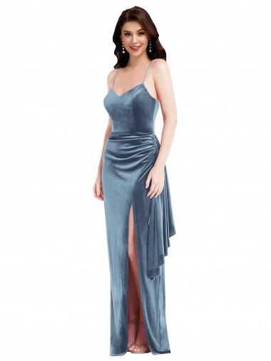 Cheap Spaghetti Strap Velvet Maxi Bridesmaid Dress with Draped Skirt Canada