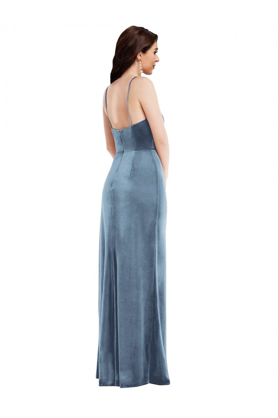 Cheap Spaghetti Strap Velvet Maxi Bridesmaid Dress with Draped Skirt Canada