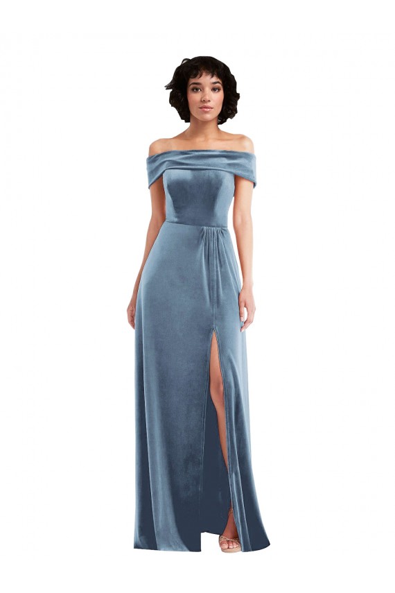 Cheap Draped Cuff Off the Shoulder Velvet Maxi Bridesmaid Dress with Pockets Canada