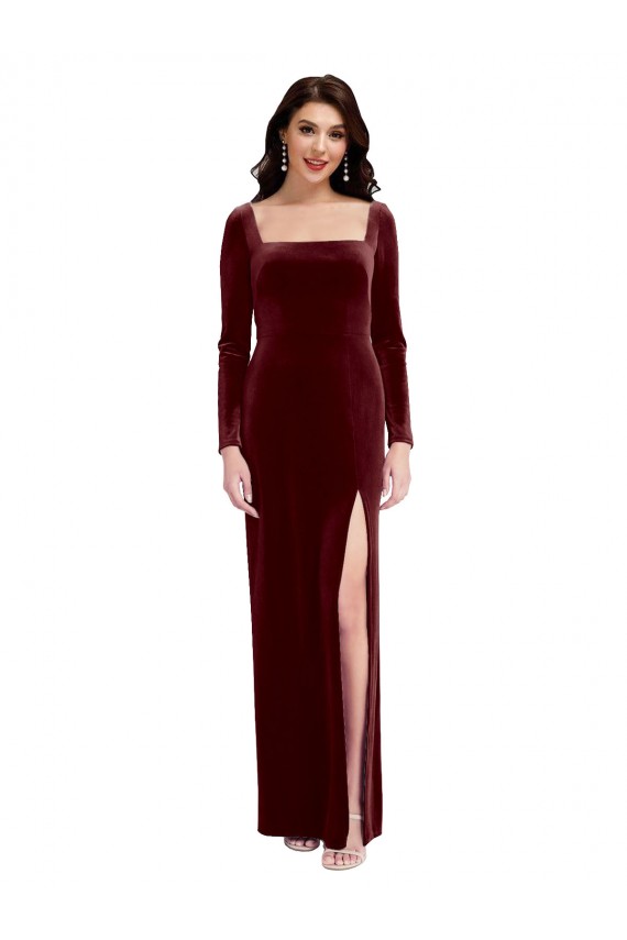 Cheap Sleek Square Neck Spaghetti Straps Velvet Bridesmaid Dress with Side Slit Canada