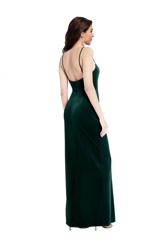 Cheap Straight Neckline Spaghetti Straps Long Velvet Bridesmaid Dress with High Side Slit Canada