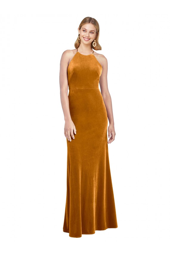 Cheap Halter Neckline Long Full Length Velvet Bridesmaid Dress with Strappy Back Canada
