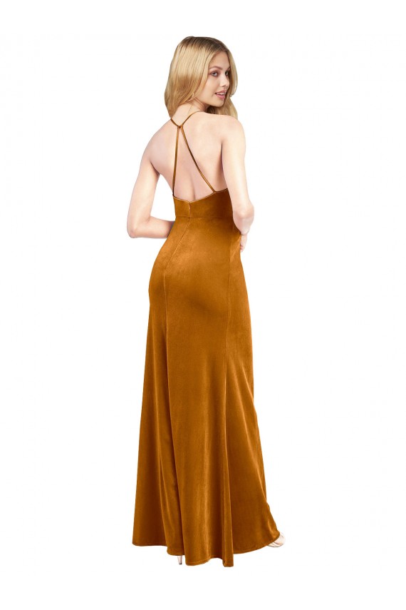 Cheap Halter Neckline Long Full Length Velvet Bridesmaid Dress with Strappy Back Canada
