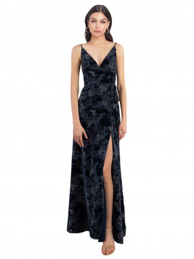 Cheap Floral Velvet Surplice V-Neck Long Bridesmaid Dress with V-Back Canada