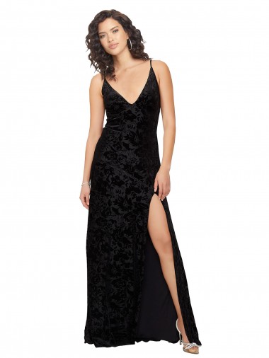 Cheap V-Neck Cowl Back Floral Velvet Bridesmaid Dress with Front Slit and Deep V-Neck Canada