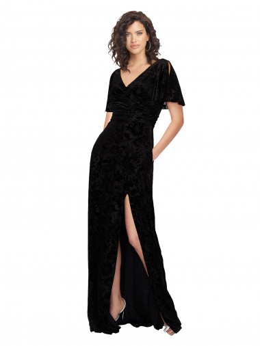 Cheap Split Sleeves V-Neck Floral Velvet Bridesmaid Dress with Front Slit Canada