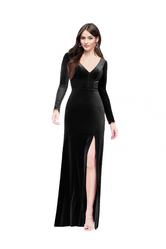 Cheap Long Sleeves Velvet Bridesmaid Dress with V-Neckline and Thigh Slit Canada