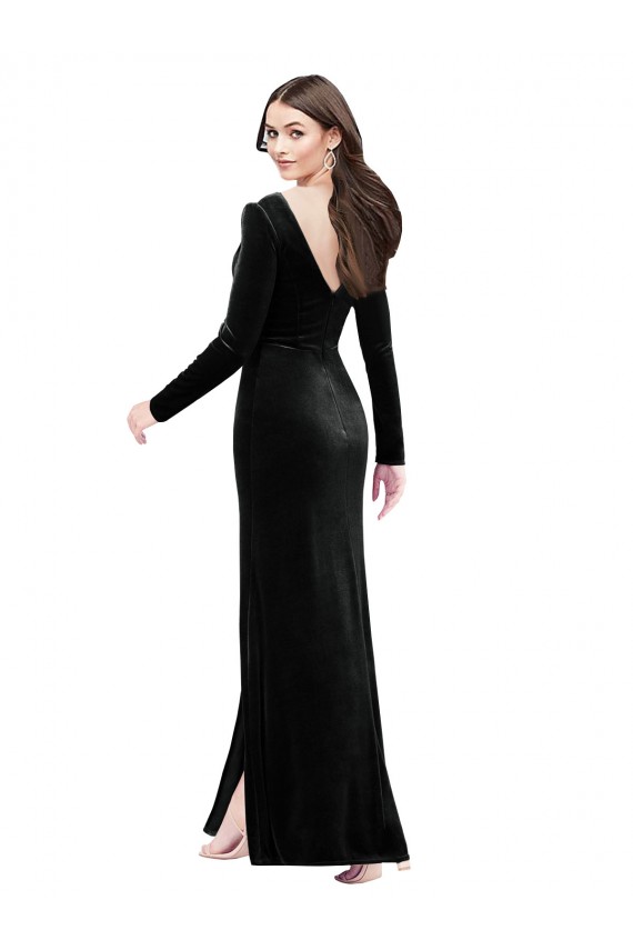 Cheap Long Sleeves Velvet Bridesmaid Dress with V-Neckline and Thigh Slit Canada