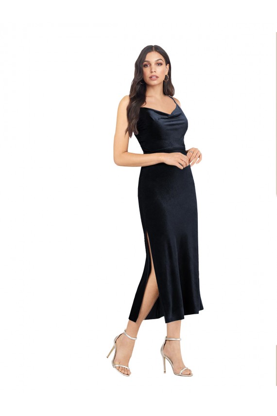 Cheap Midi Length Velvet Bridesmaid Dress with Cowl Neck and Spaghetti Straps Canada