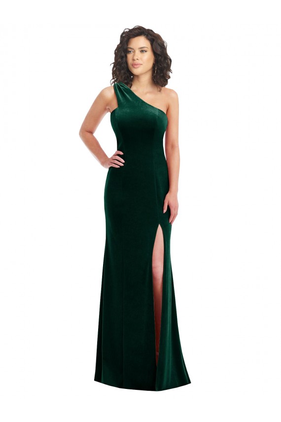 Cheap One Shoulder Velvet Trumpet Bridesmaid Dress with Front Slit Canada
