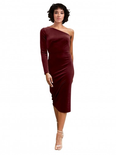 Cheap One Shoulder Fitted Short Midi Length Velvet Bridesmaid Dress Canada