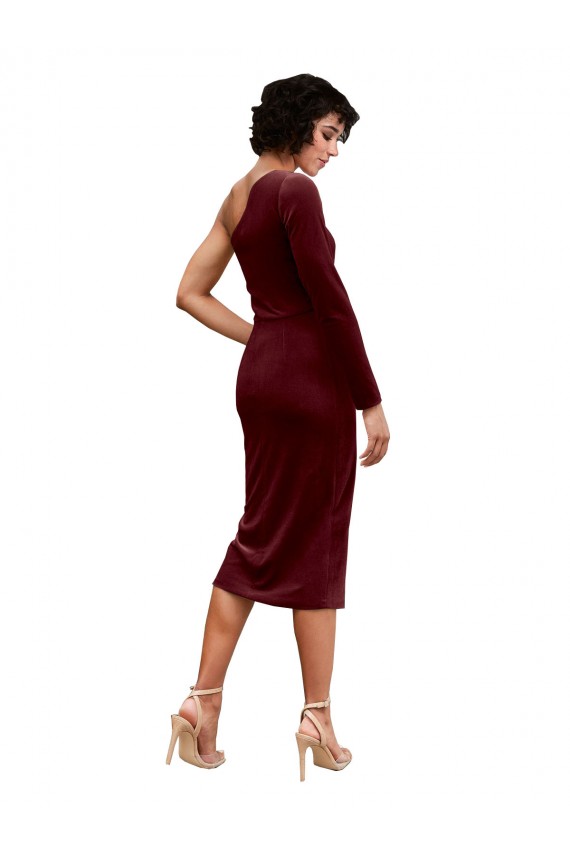 Cheap One Shoulder Fitted Short Midi Length Velvet Bridesmaid Dress Canada