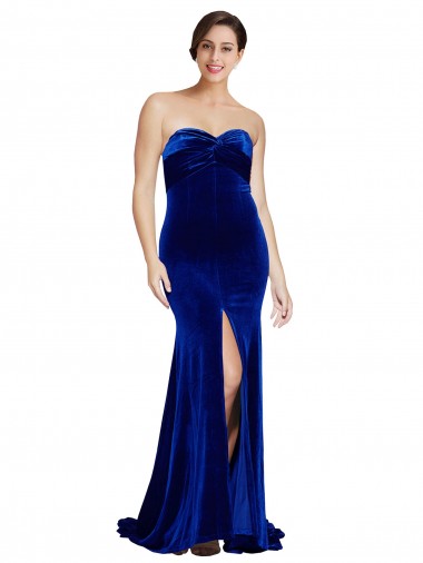 Cheap Strapless Ruched Velvet Bridesmaid Dress with Sweep Train and Front Slit Canada