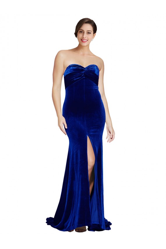 Cheap Strapless Ruched Velvet Bridesmaid Dress with Sweep Train and Front Slit Canada