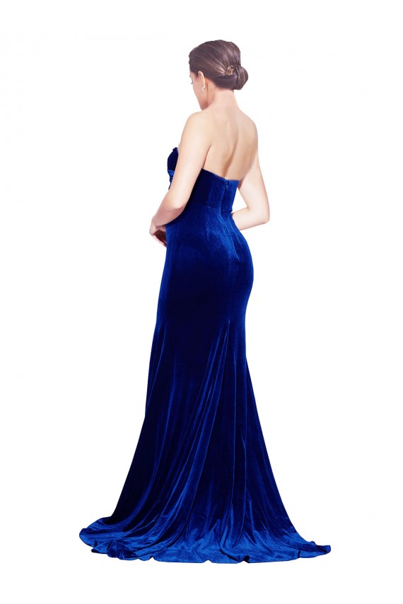 Cheap Strapless Ruched Velvet Bridesmaid Dress with Sweep Train and Front Slit Canada