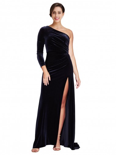 Cheap One Sleeve Long Velvet Bridesmaid Dress with Thigh High Split Canada