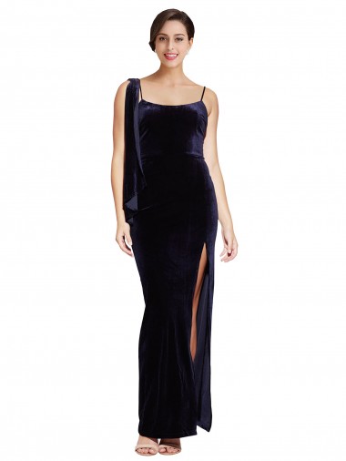Cheap Long Velvet Bridesmaid Dress with Side Thigh Split and Shoulder Tie Canada