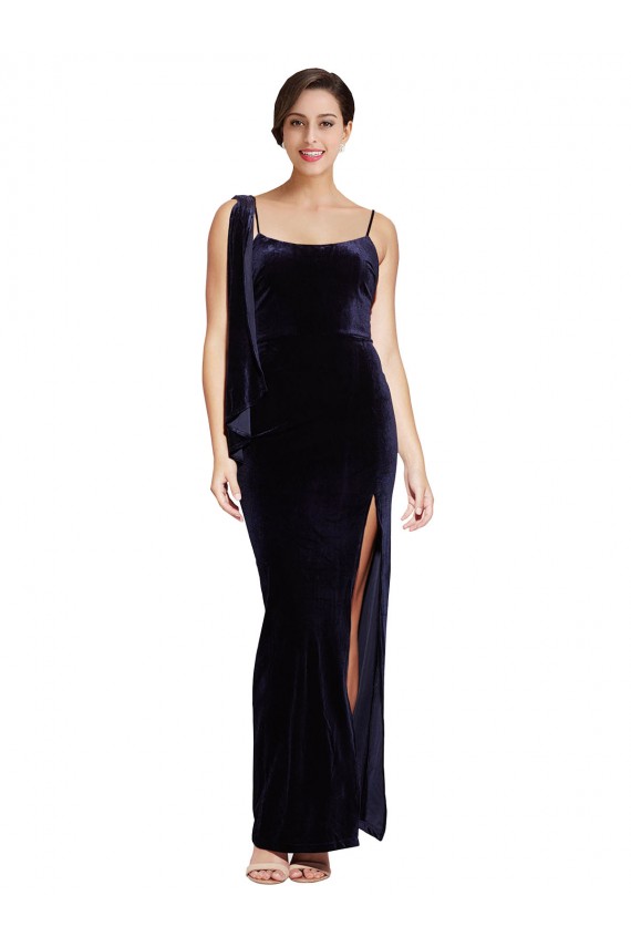 Cheap Long Velvet Bridesmaid Dress with Side Thigh Split and Shoulder Tie Canada