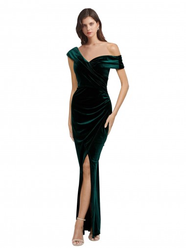 Cheap Long Asymmetric Neckline Ruched Velvet Bridesmaid Dress Canada